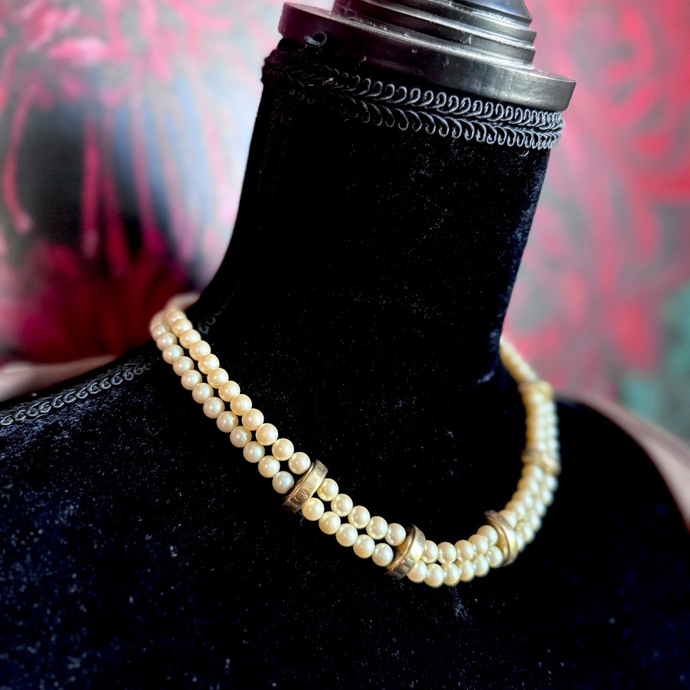 Vintage Monte 2 Strand Glass Pearl and Gold Tone Choker - Picture 1 of 11